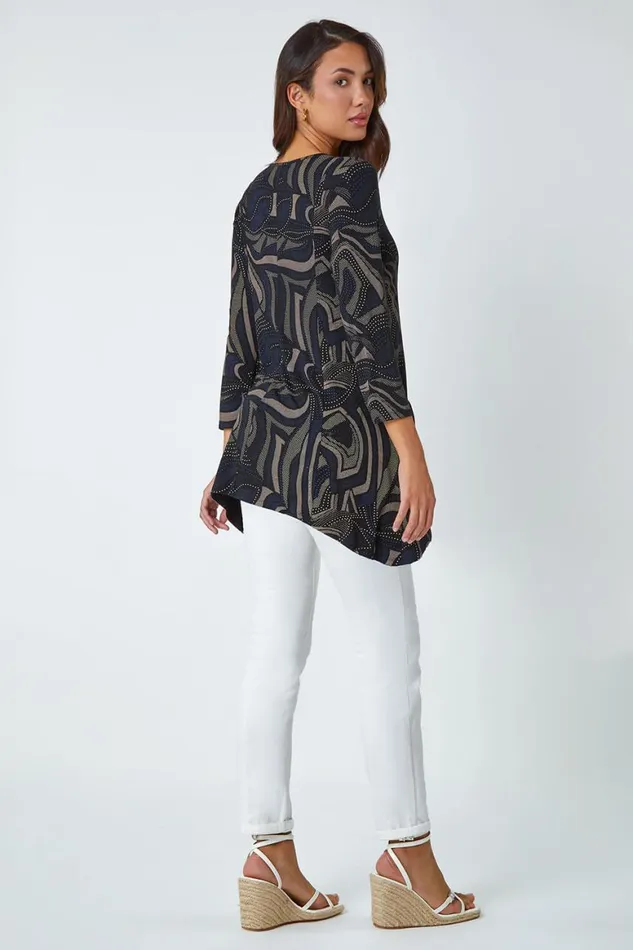 Women Taupe Swirl Print Hanky Hem Stretch Top Roman Tops