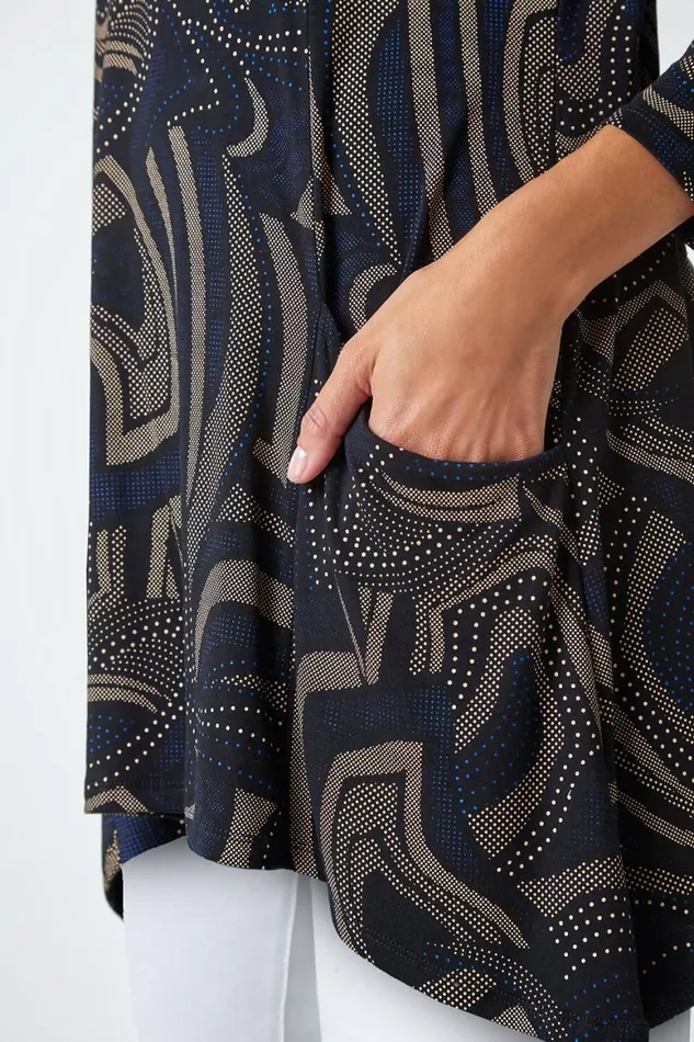 Women Taupe Swirl Print Hanky Hem Stretch Top Roman Tops