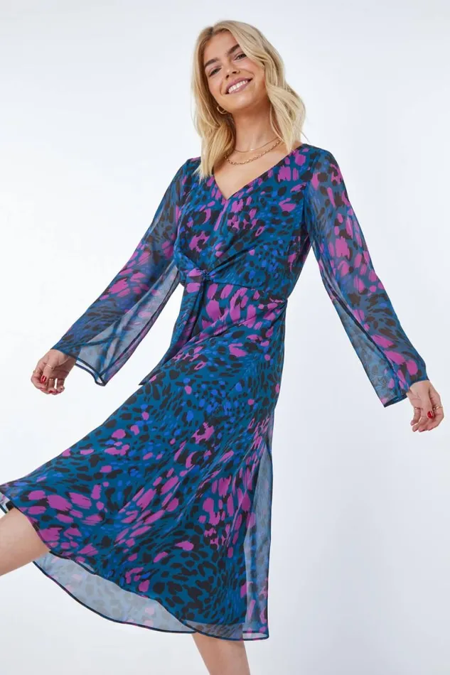 Women Teal Animal Print Chiffon Knot Front Dress Roman Dresses