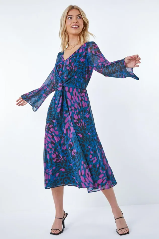 Women Teal Animal Print Chiffon Knot Front Dress Roman Dresses