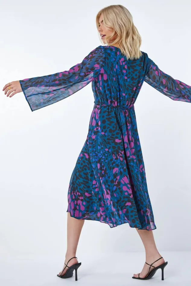 Women Teal Animal Print Chiffon Knot Front Dress Roman Dresses