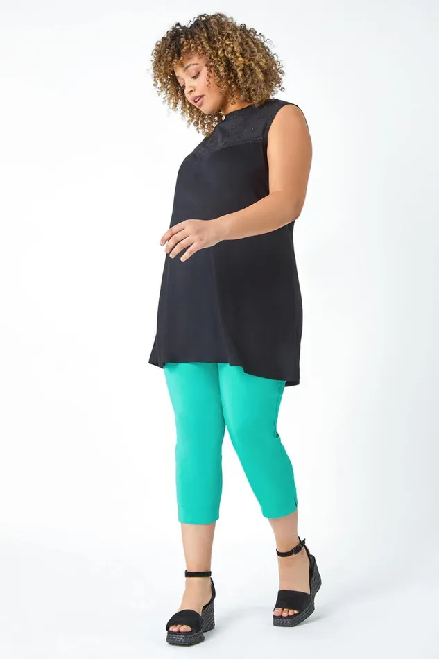 Women Teal Curve Elastic Waist Stretch Cropped Trouser Roman Trousers