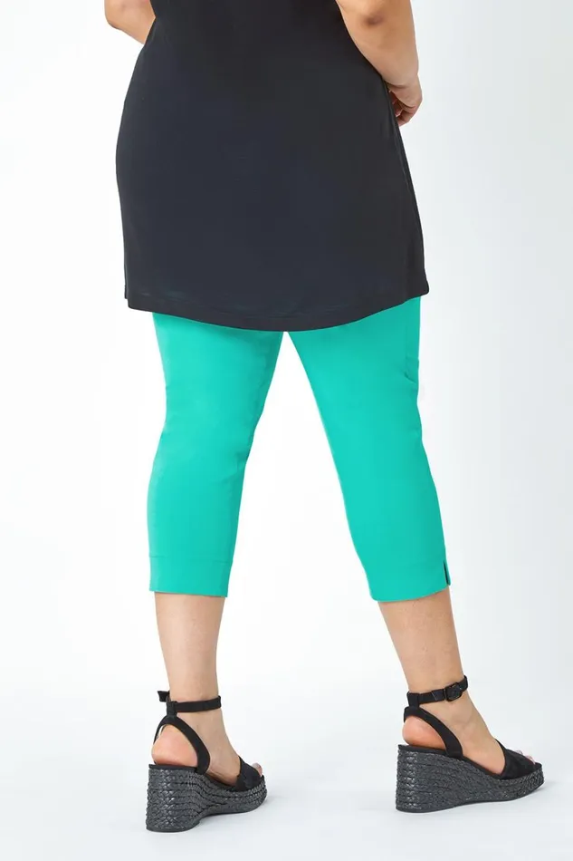 Women Teal Curve Elastic Waist Stretch Cropped Trouser Roman Trousers