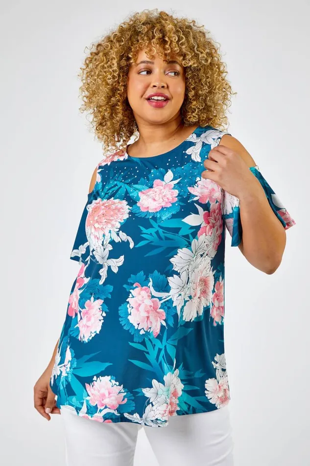Women Teal Curve Floral Print Cold Shoulder Jersey Top Roman Tops
