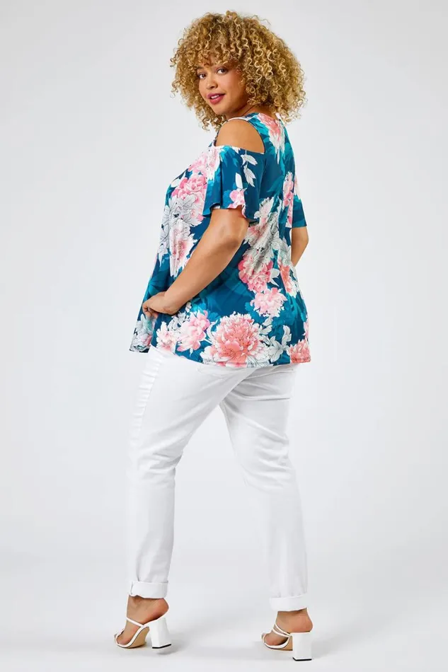 Women Teal Curve Floral Print Cold Shoulder Jersey Top Roman Tops