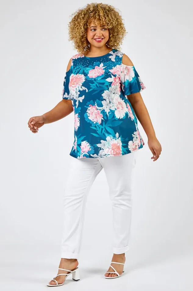 Women Teal Curve Floral Print Cold Shoulder Jersey Top Roman Tops