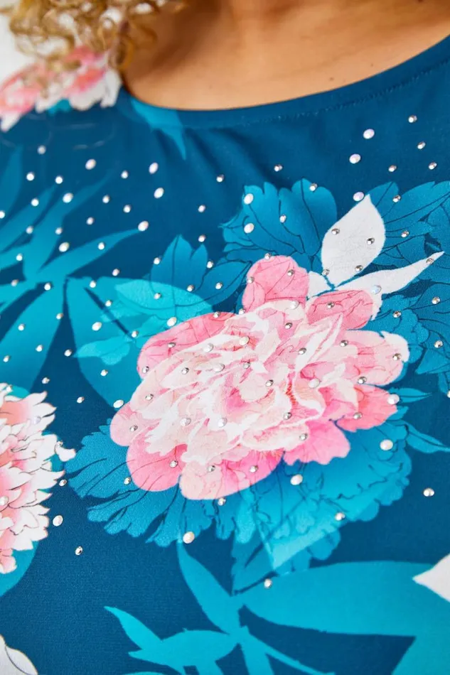 Women Teal Curve Floral Print Cold Shoulder Jersey Top Roman Tops