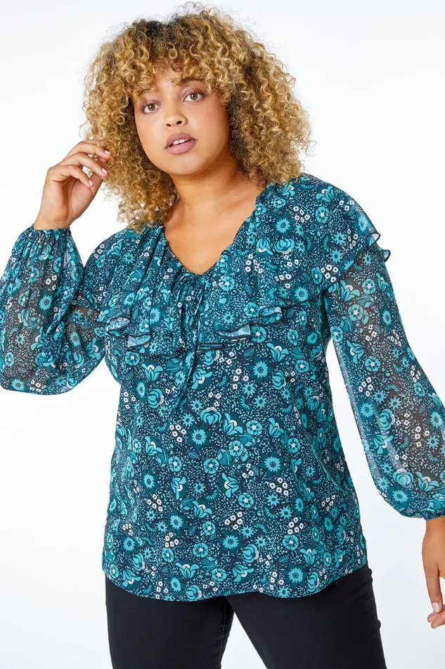 Women Teal Curve Floral VNeck Frill Top Roman Tops
