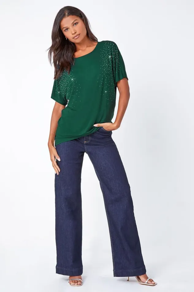 Women Teal Embellished Stretch TShirt Roman Tops
