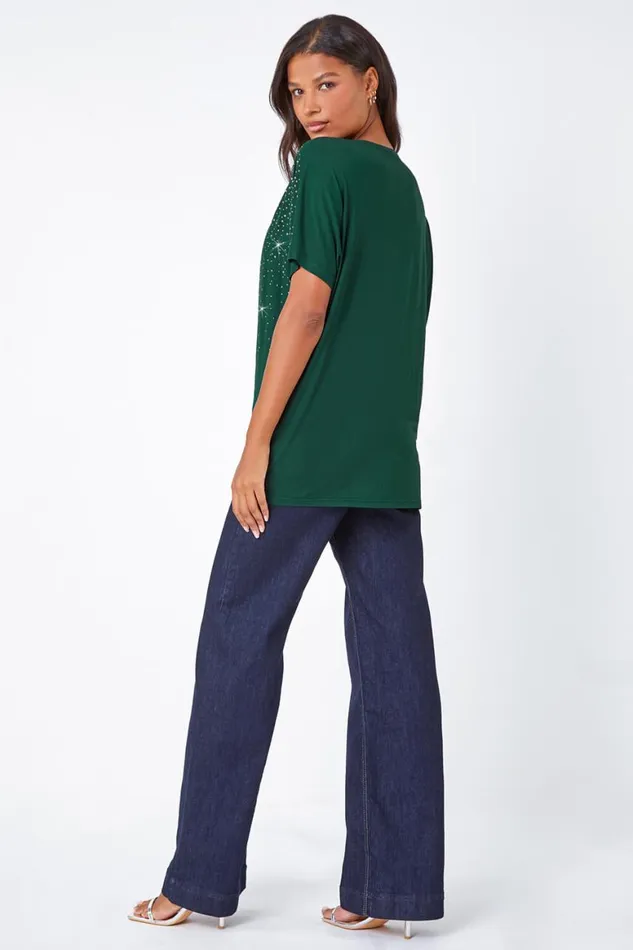 Women Teal Embellished Stretch TShirt Roman Tops