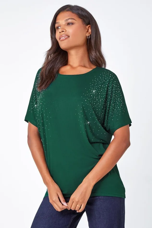 Women Teal Embellished Stretch TShirt Roman Tops