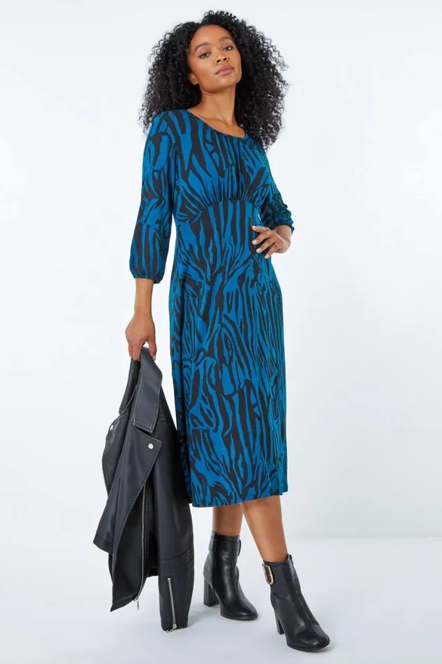 Women Teal Petite Zebra Print Midi Dress Roman Dresses