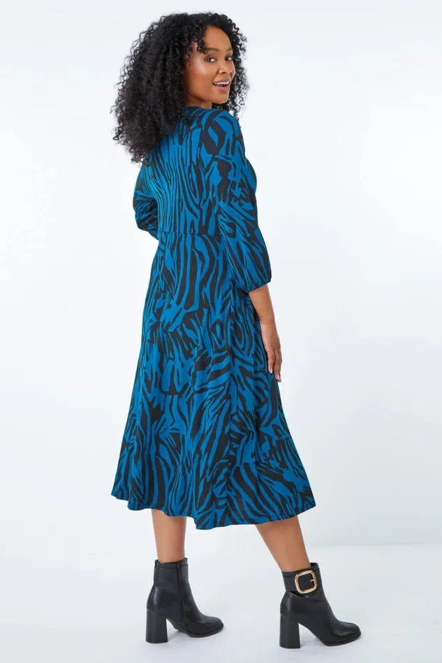 Women Teal Petite Zebra Print Midi Dress Roman Dresses