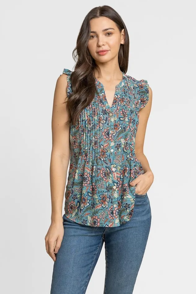 Women Teal Sleeveless Frill Detail Floral Blouse Roman Tops