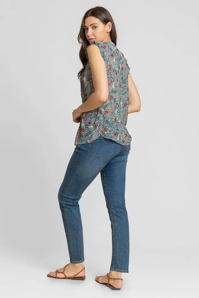 Women Teal Sleeveless Frill Detail Floral Blouse Roman Tops
