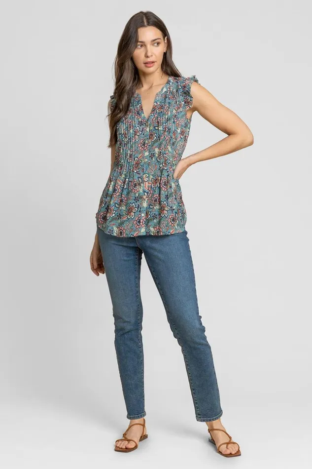 Women Teal Sleeveless Frill Detail Floral Blouse Roman Tops