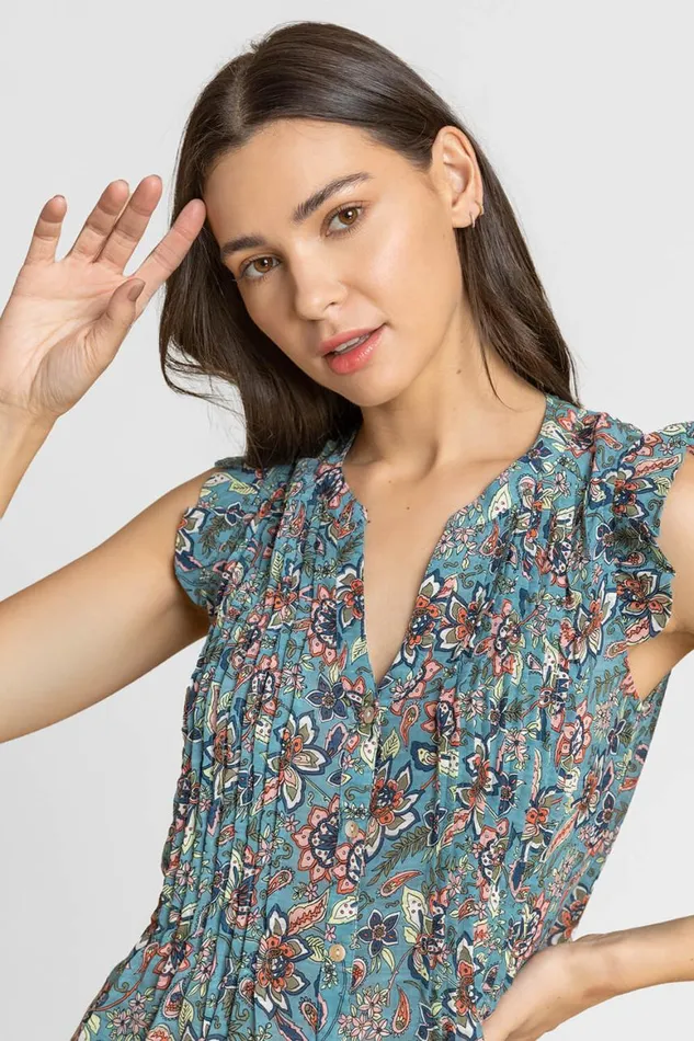Women Teal Sleeveless Frill Detail Floral Blouse Roman Tops