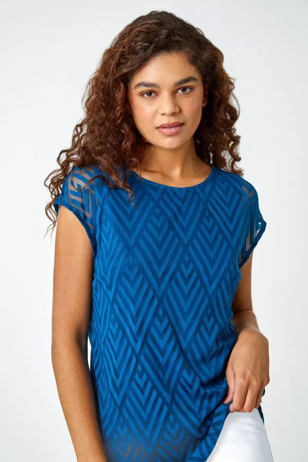 Women Teal Textured Chevron Print Top Roman Tops
