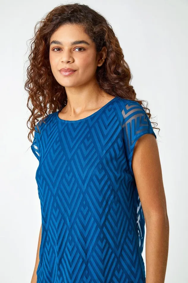 Women Teal Textured Chevron Print Top Roman Tops