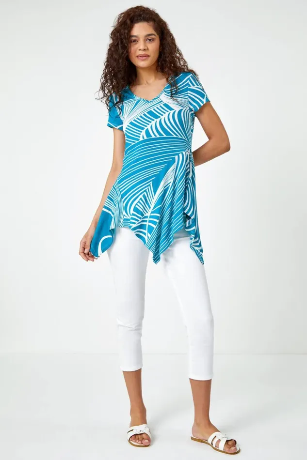 Women Teal Textured Linear Print Hanky Hem Tunic Top Roman Tops