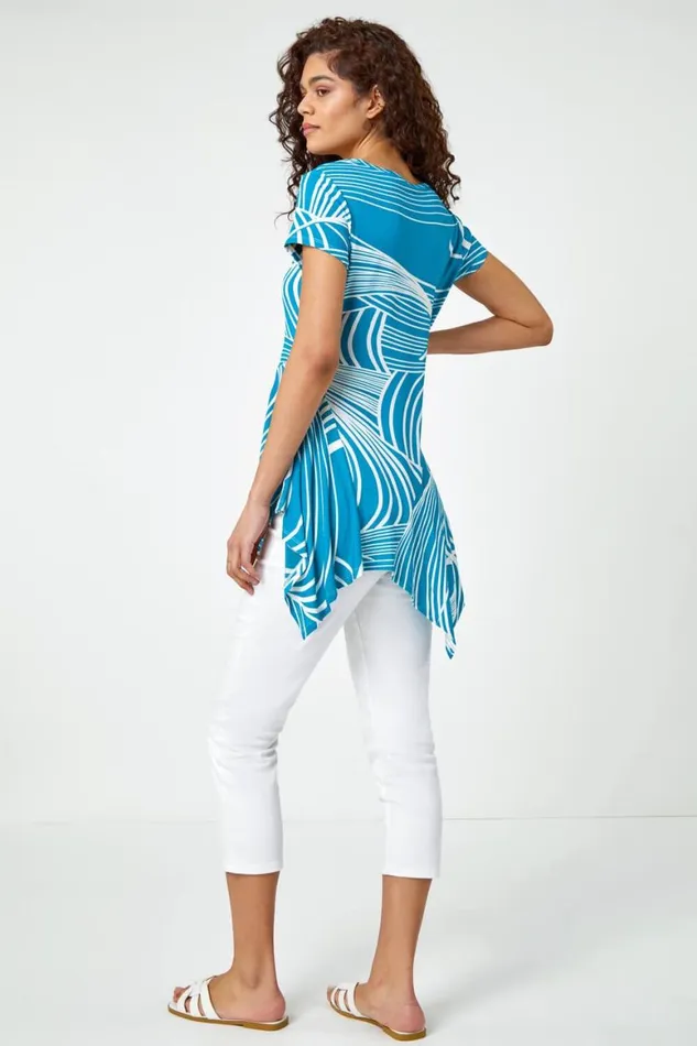 Women Teal Textured Linear Print Hanky Hem Tunic Top Roman Tops