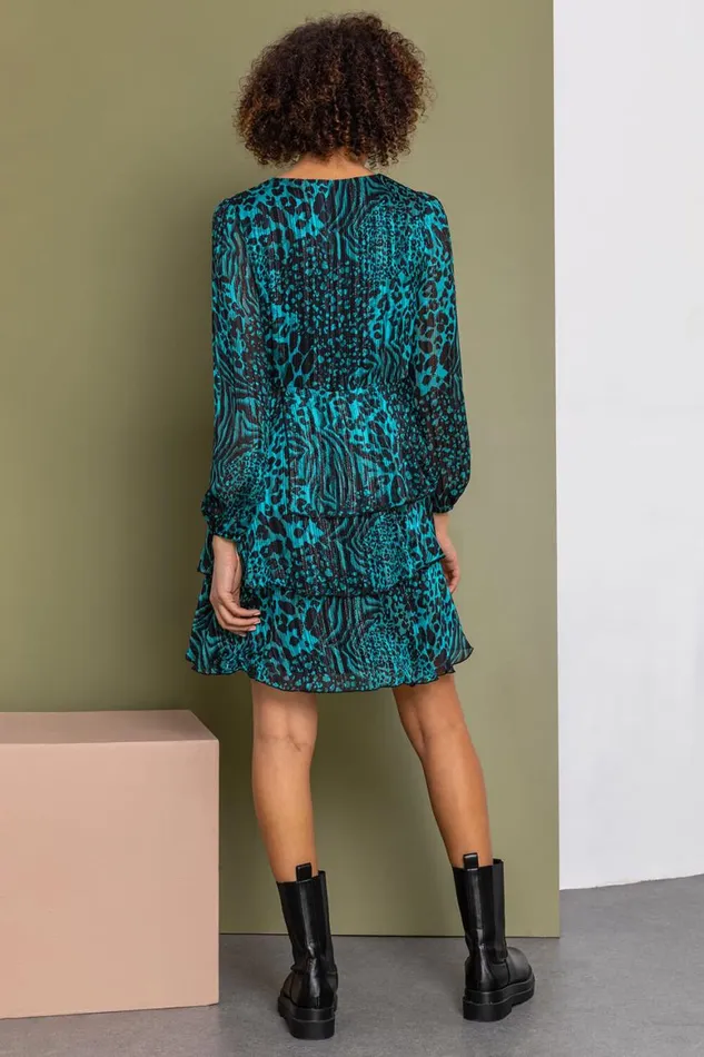 Women Teal Tiered Satin Animal Print Dress Roman Dresses