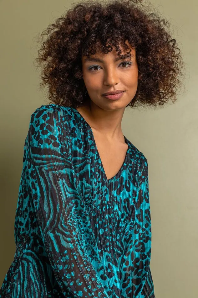 Women Teal Tiered Satin Animal Print Dress Roman Dresses