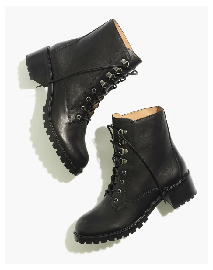 Women The Julien Lace Up Lugsole Boot In Leather True Black Madewell Boots