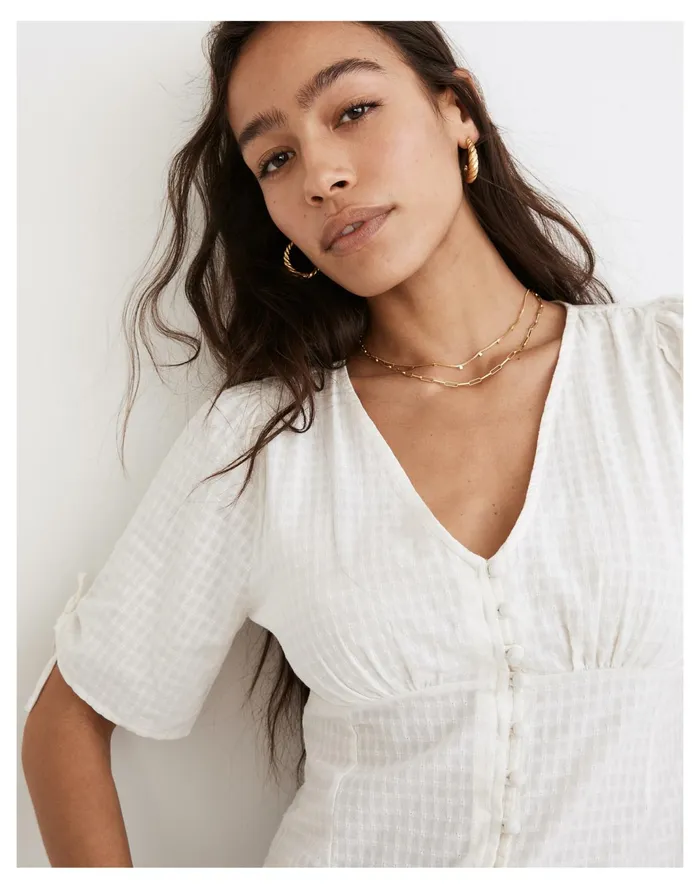 Women Tie Sleeve Evie Top In Textured Gingham Lighthouse Madewell Tops and Shirts