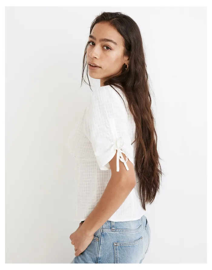 Women Tie Sleeve Evie Top In Textured Gingham Lighthouse Madewell Tops and Shirts