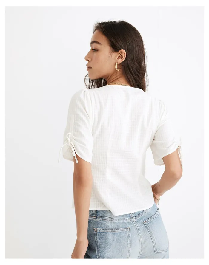 Women Tie Sleeve Evie Top In Textured Gingham Lighthouse Madewell Tops and Shirts