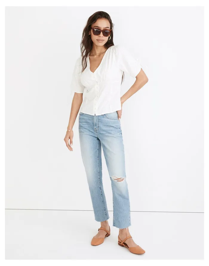 Women Tie Sleeve Evie Top In Textured Gingham Lighthouse Madewell Tops and Shirts