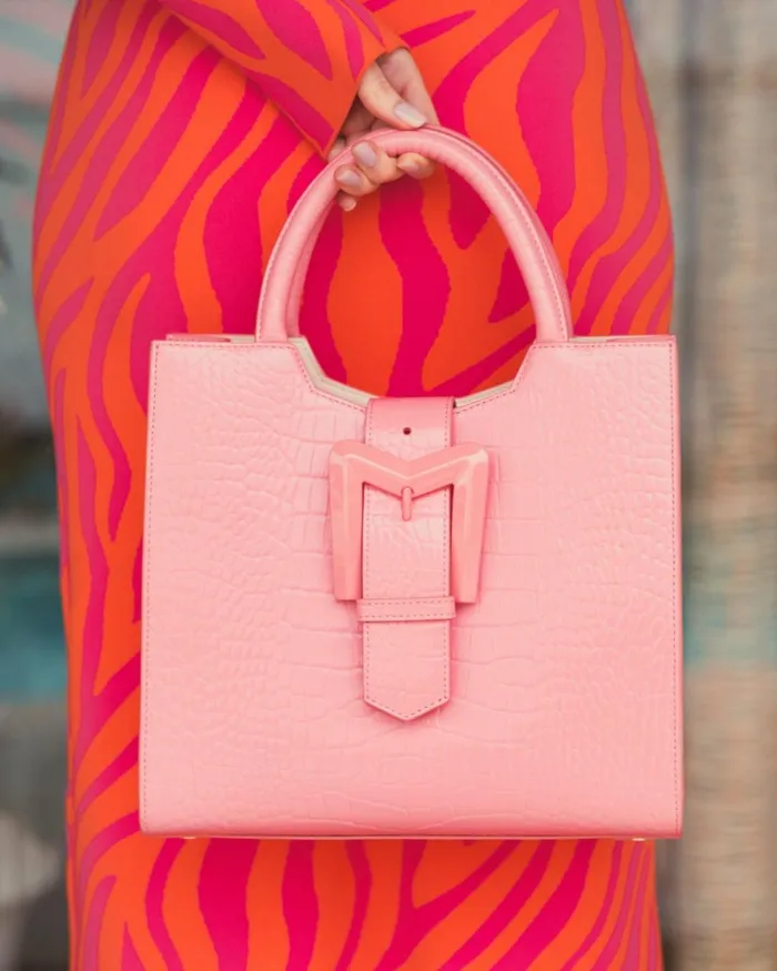 Women Totes Mac Duggal Buckled Medium Croco Hibiscus Leather Tote Bag With Detachable Strap Hibiscus
