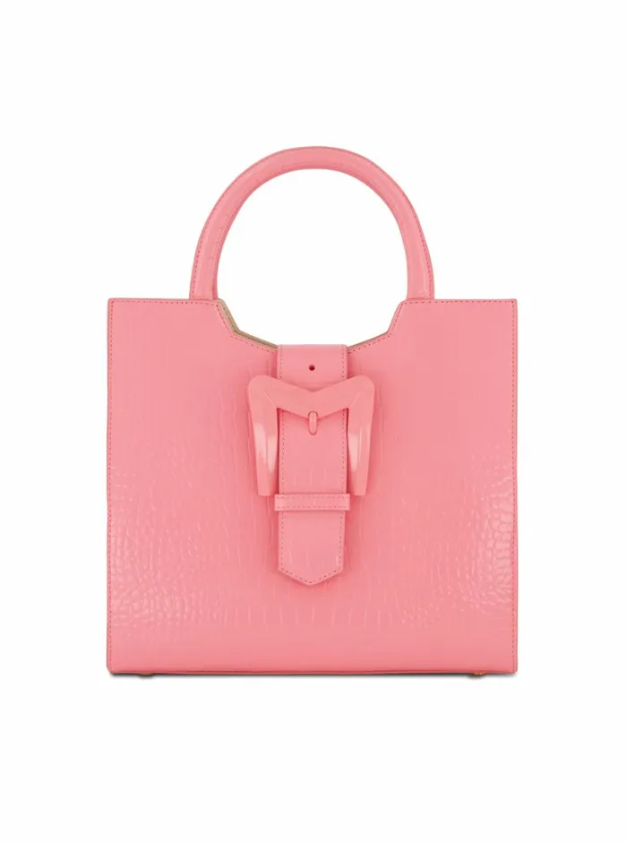 Women Totes Mac Duggal Buckled Medium Croco Hibiscus Leather Tote Bag With Detachable Strap Hibiscus