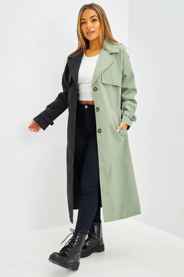 Women Trench Long Bicolore Noir Et Kaki Black Brentiny Paris Jackets