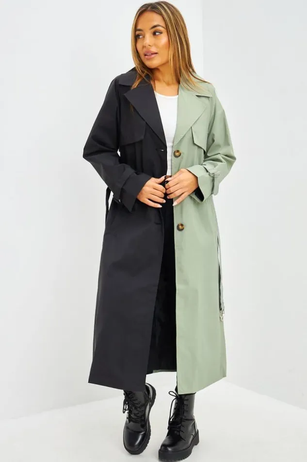 Women Trench Long Bicolore Noir Et Kaki Black Brentiny Paris Jackets