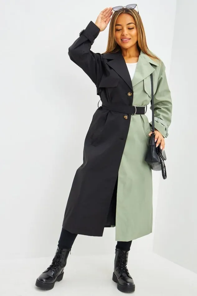 Women Trench Long Bicolore Noir Et Kaki Black Brentiny Paris Jackets