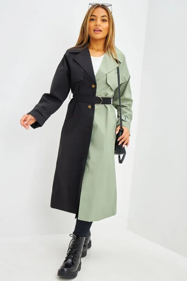 Women Trench Long Bicolore Noir Et Kaki Black Brentiny Paris Jackets