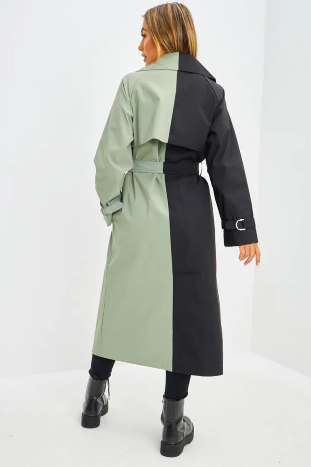 Women Trench Long Bicolore Noir Et Kaki Black Brentiny Paris Jackets