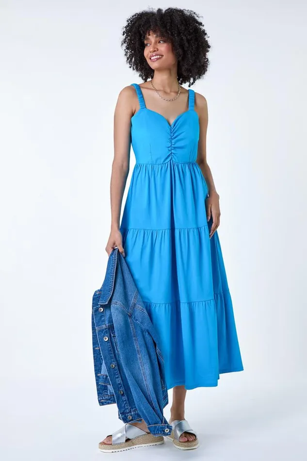 Women Turquoise Cotton Strappy Tiered Midi Dress Roman Dresses