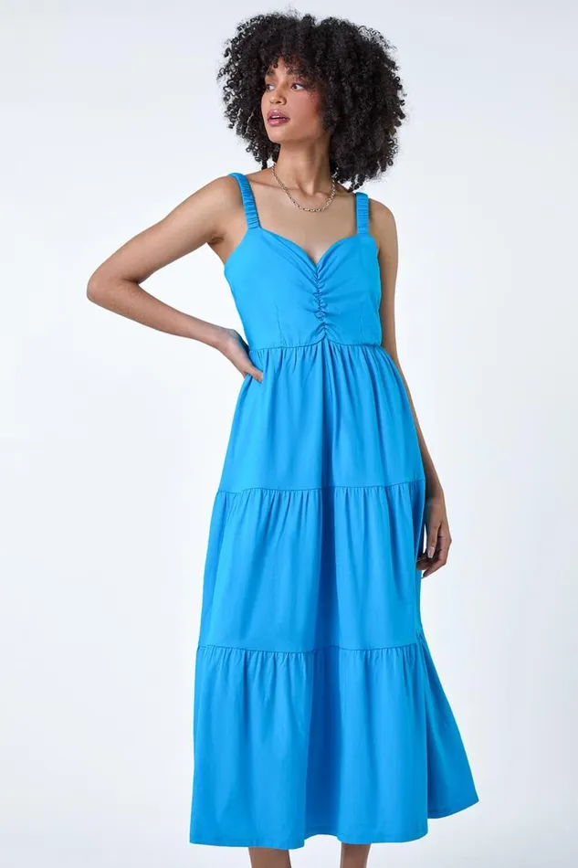 Women Turquoise Cotton Strappy Tiered Midi Dress Roman Dresses