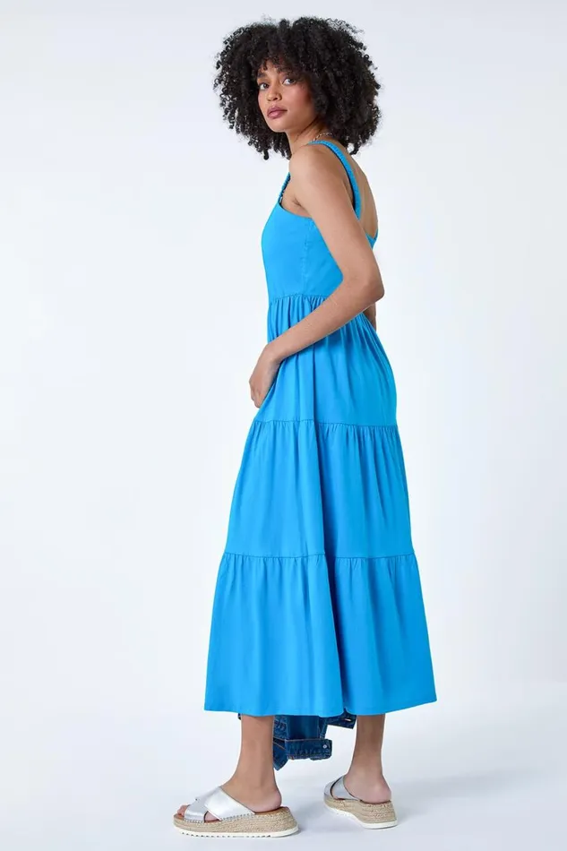 Women Turquoise Cotton Strappy Tiered Midi Dress Roman Dresses
