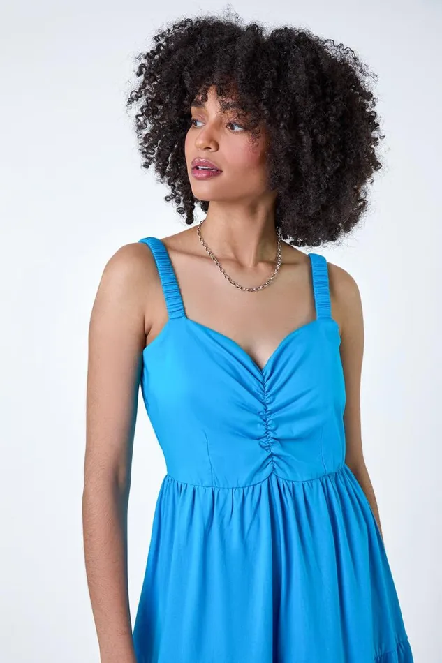 Women Turquoise Cotton Strappy Tiered Midi Dress Roman Dresses