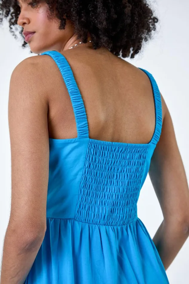 Women Turquoise Cotton Strappy Tiered Midi Dress Roman Dresses