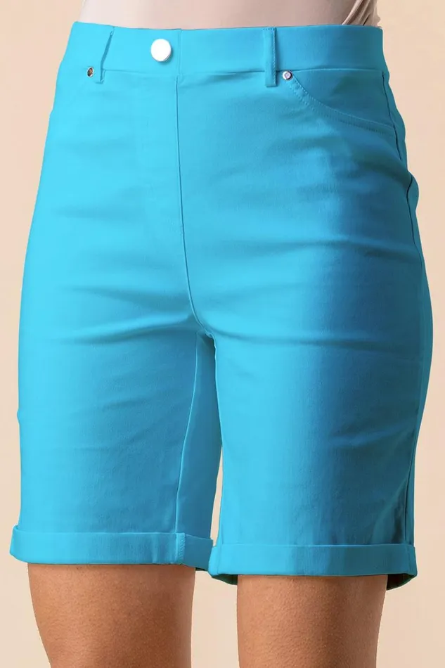 Women Turquoise Elastic Waist Turn Up Stretch Shorts Roman Shorts