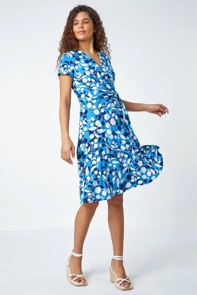 Women Turquoise Floral Stretch Wrap Skater Dress Roman Dresses
