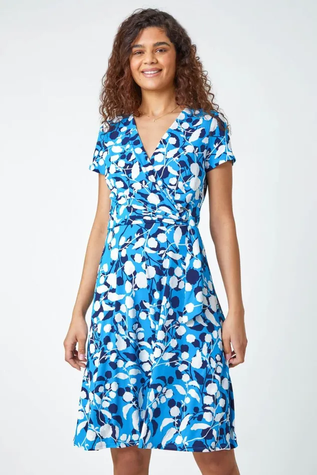 Women Turquoise Floral Stretch Wrap Skater Dress Roman Dresses