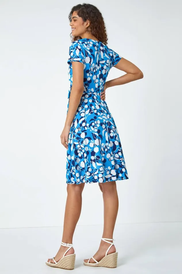 Women Turquoise Floral Stretch Wrap Skater Dress Roman Dresses