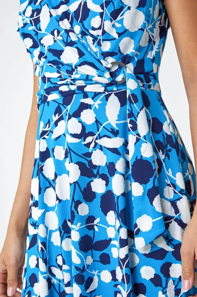 Women Turquoise Floral Stretch Wrap Skater Dress Roman Dresses