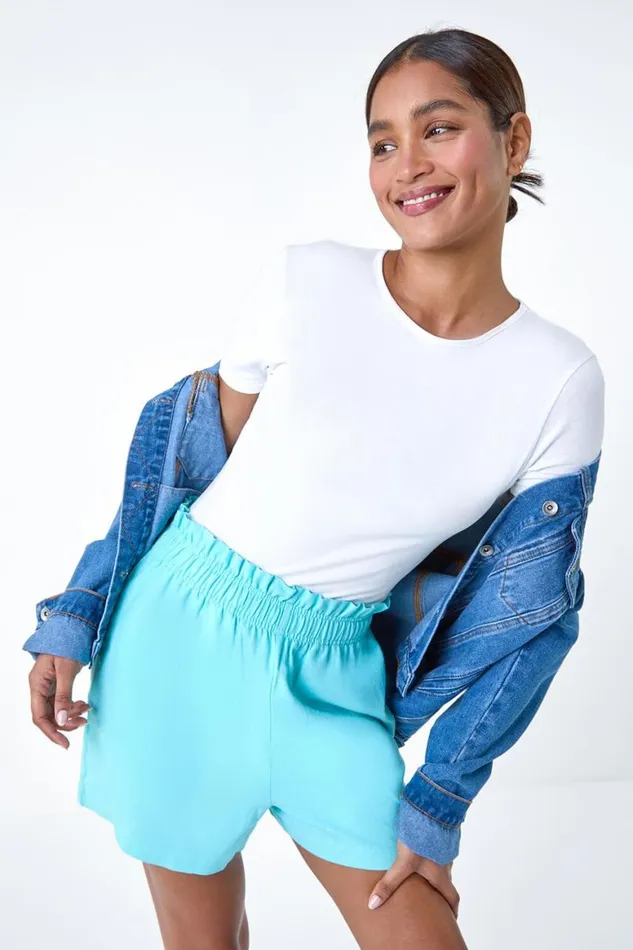 Women Turquoise Linen Blend Elastic Waist Pocket Shorts Roman Shorts